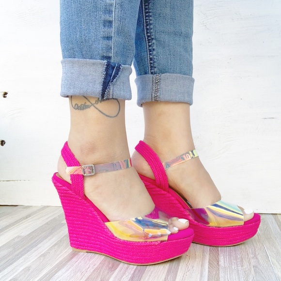 Shoes - Hot Pink Espadrilles Hologram Wedge